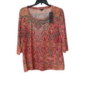 Kiara Red Pink Printed 3/4 Sleeve blouse Boho Size XXL 2X Embellishment Plus